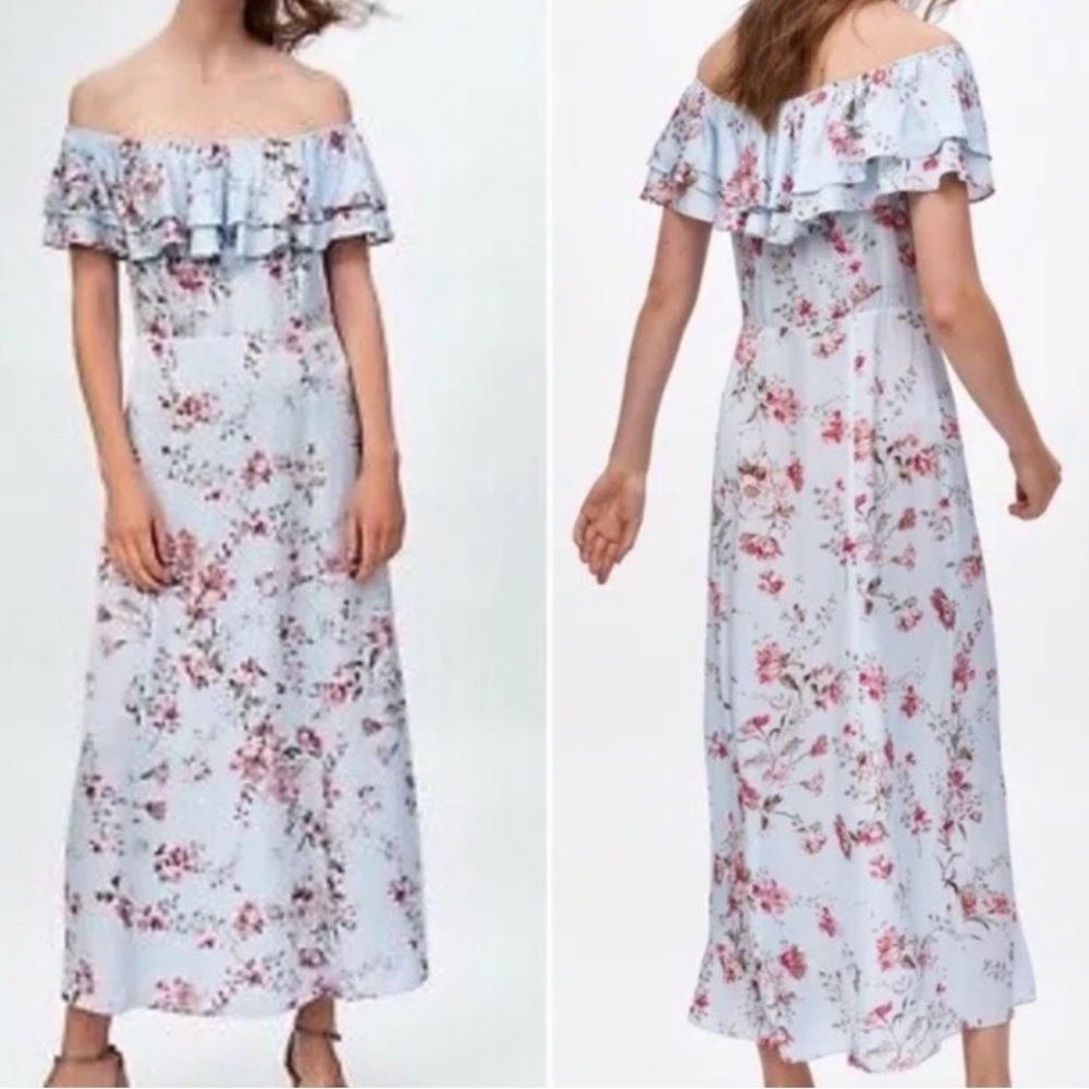 ZARA Floral Off the Shoulder Maxi Dress sz medium soft silky 100% viscose